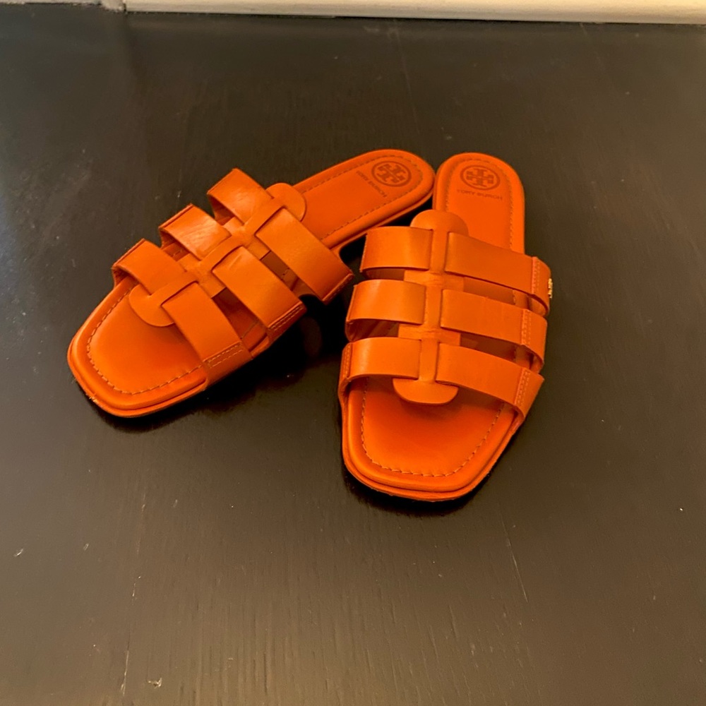 Tory Burch Orange Leather Woven Fisherman Slide Sandal